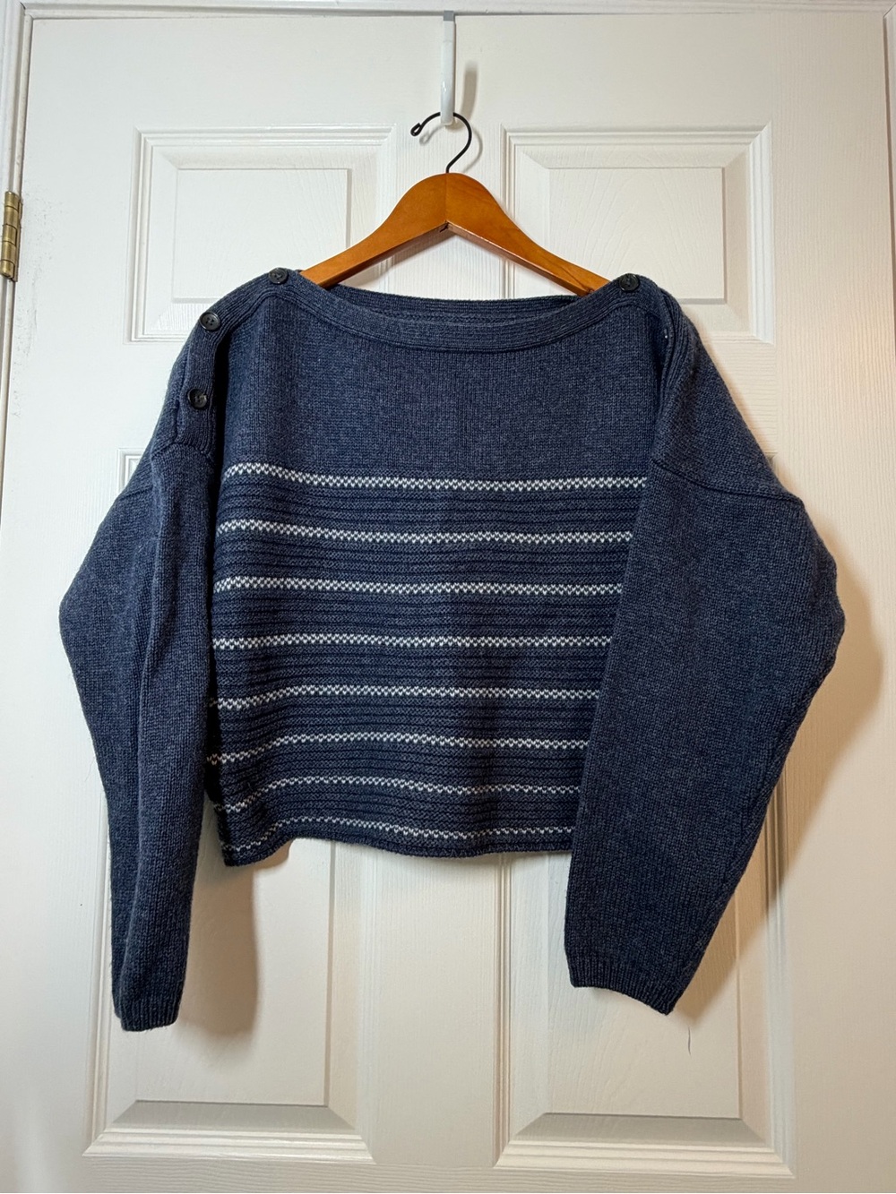 Prana Phono Navy Blue Striped Boatneck Button Cropped Sweater